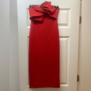 Red strapless tie front dress